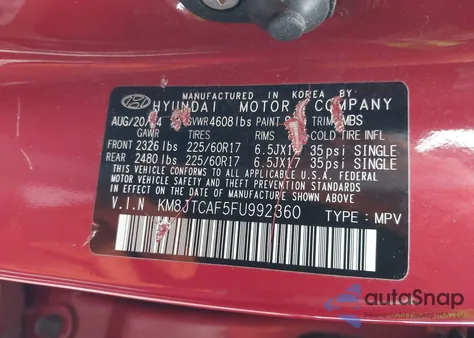 2015 Hyundai Tucson Gls from USA, damaged, VIN KM8JTCAF5FU992360